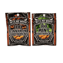 Load image into Gallery viewer, 2 Pack BiteMyWood Cinnamon and Mint Flavored Birchwood Toothpicks in 100 Qty Plastic Reusable Bags
