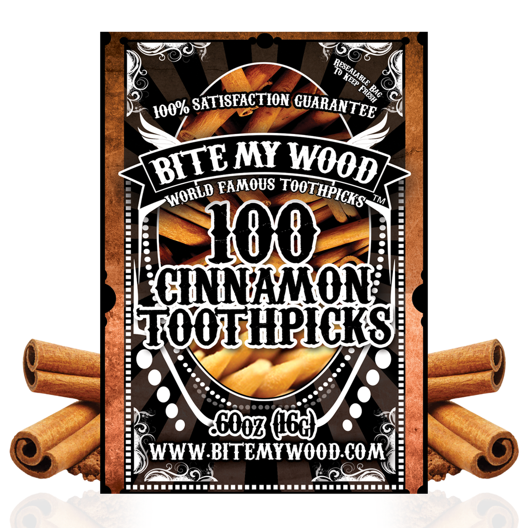 BiteMyWood Cinnamon Flavored Birchwood Toothpicks in Plastic Reusable Bag 100 qty