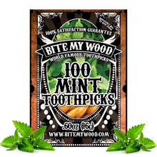 Load image into Gallery viewer, BiteMyWood Mint Flavored Birchwood Toothpicks in Plastic Reusable Bag 100 qty
