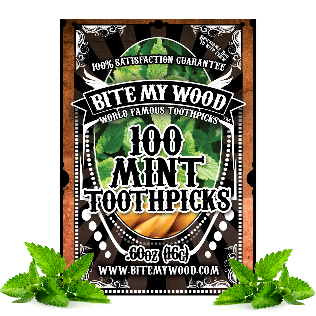 BiteMyWood Mint Flavored Birchwood Toothpicks in Plastic Reusable Bag 100 qty