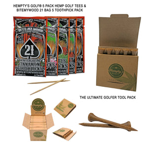 Hempty's Golf® 5 Pack Hemp Golf Tees &amp; BiteMyWood 21 Bag 5 Toothpick Pack The Ultimate Golfer Tool Pack